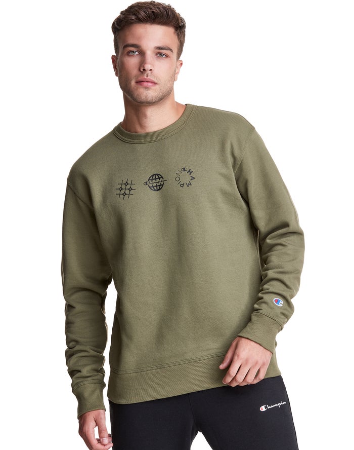 Champion Herre Sweatshirt Olivengrøn - Powerblend Fleece Crew Multi-Logos - Danmark QVL-089753